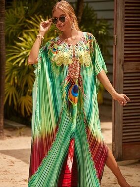 Green Peacock-Print Women's Swim Caftan / Cover-Up